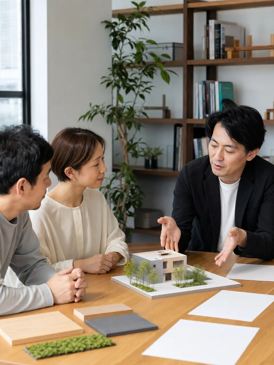 住まいを提案する日本人建築士（自然な縦位置写真）。建築士、住宅設計、家づくり、設計相談の記事向け素材です。