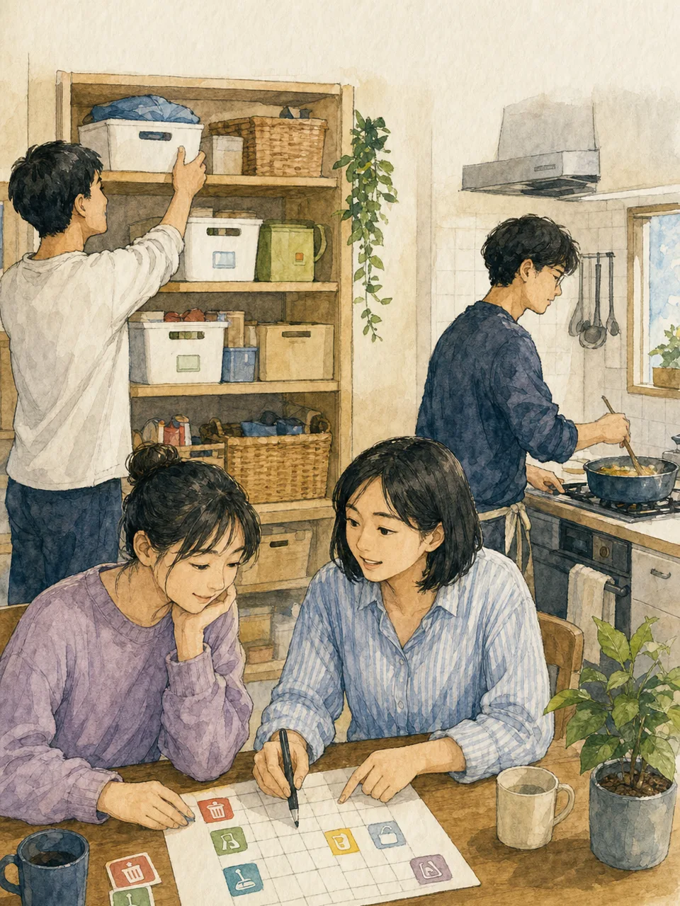 シェアハウスで暮らす日本人（手描き水彩）。シェアハウス、共同生活、若者、住まいの記事向け素材です。