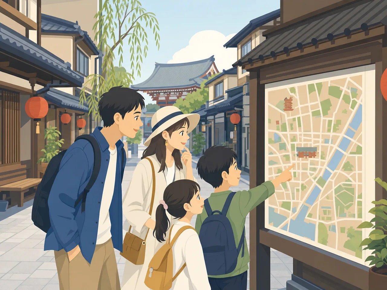浅草の街歩きを楽しむ日本人旅行者（フラットイラスト）。浅草、東京旅行、下町、街歩きの記事向け素材です。