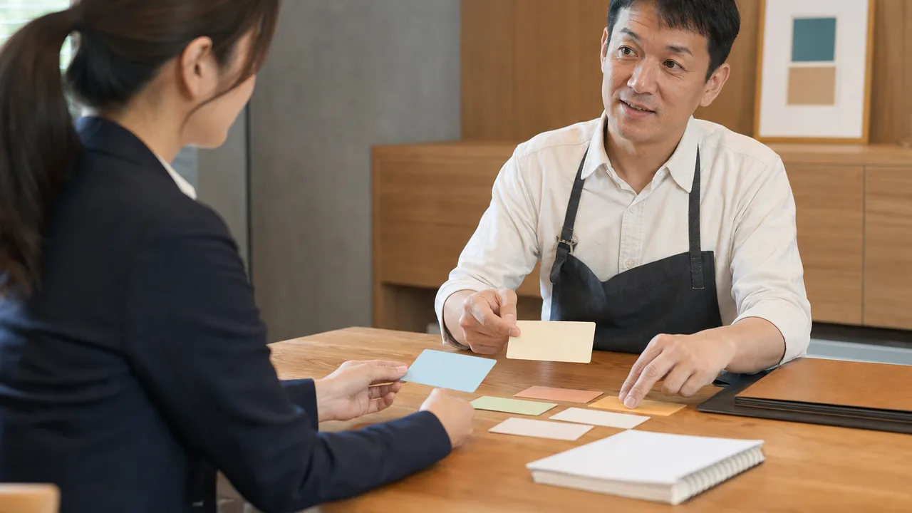 地域金融機関で相談する日本人事業者（横長・コピースペース）。地域金融、信用金庫、事業相談、中小企業支援の記事や案内に使える商用素材です。