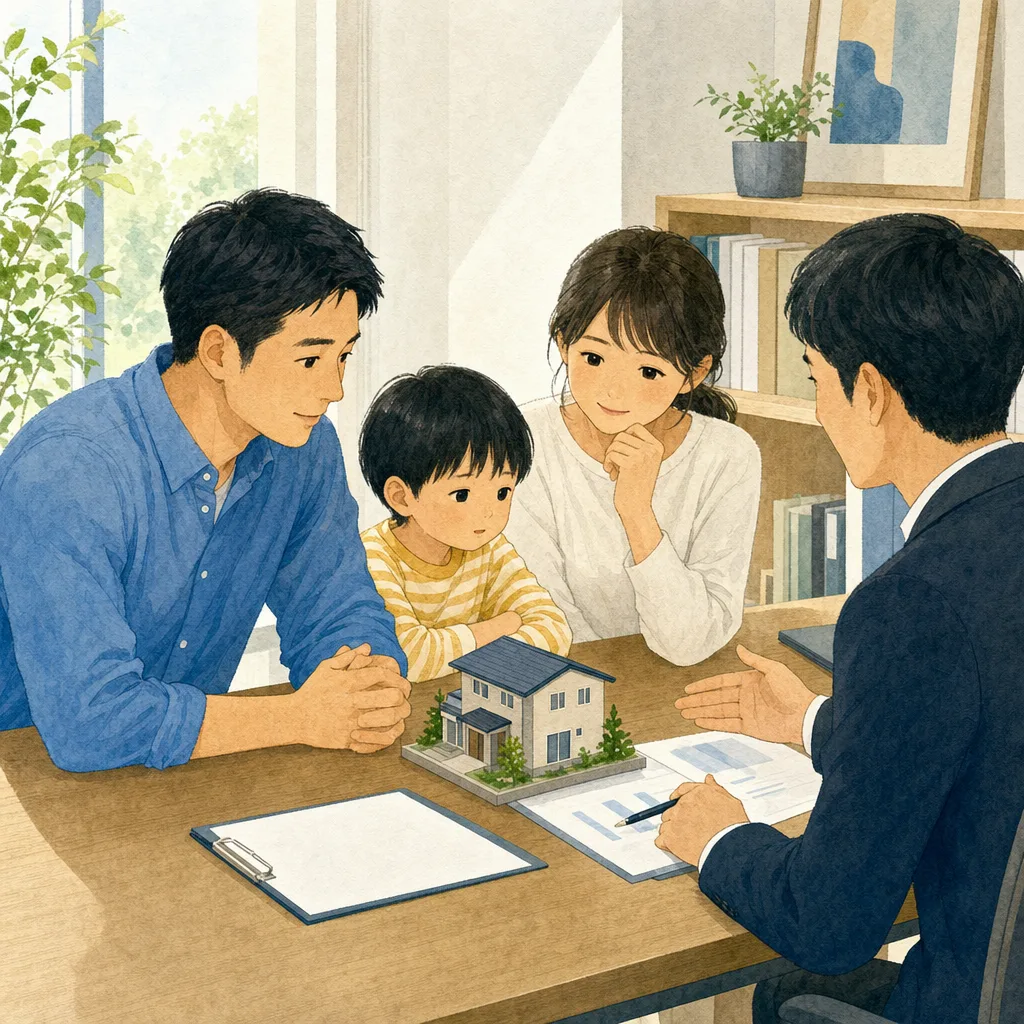 住宅ローンを相談する日本人家族（編集記事向け）。住宅購入、金融、家計相談、不動産サービスに使える相談場面です。