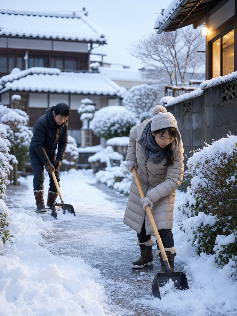雪の朝の日本の街（自然な縦位置写真）。冬、天気、交通、地域情報の記事に使える、雪が積もった日本の街並み素材です。