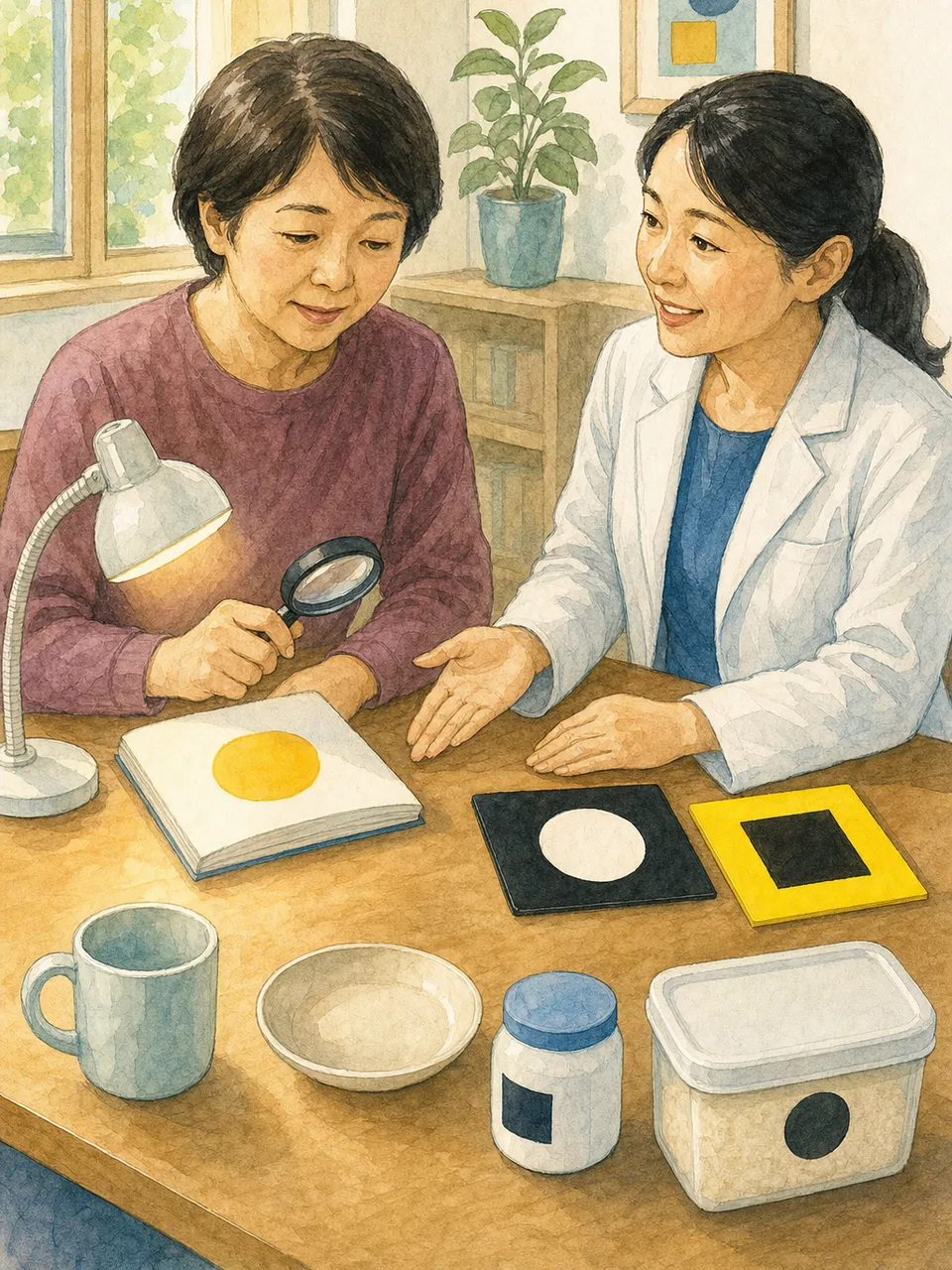 見えにくさへの工夫を相談する日本人（手描き水彩）。ロービジョン相談、見えにくさ、視覚支援、拡大鏡の記事や案内に使える商用素材です。