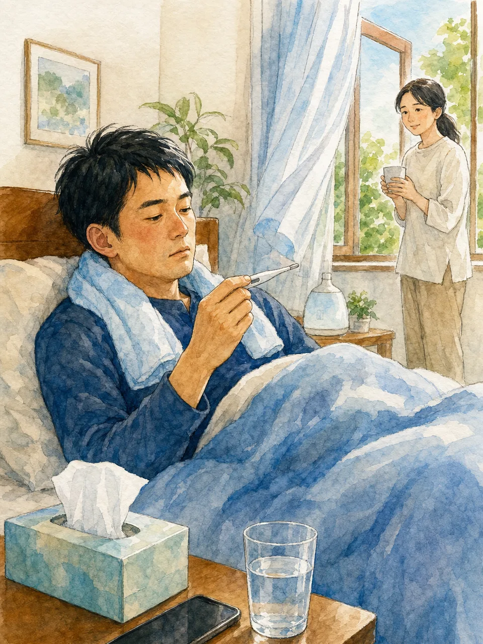 発熱時に自宅で休む日本人（手描き水彩）。発熱、体調不良、自宅療養、セルフケアの記事向け素材です。