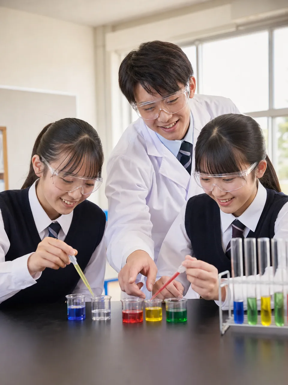 科学実験に取り組む日本人の生徒（自然な縦位置写真）。科学実験、理科教育、探究学習、学校の記事に使える素材です。