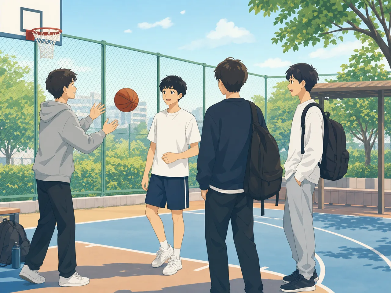放課後を過ごす日本人男子高校生（フラットイラスト）。男子高校生、放課後、友達、青春の記事向け素材です。