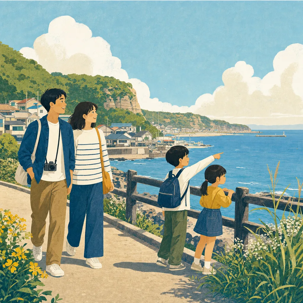 千葉の房総海岸を巡る旅行者（編集記事向け）。千葉旅行、房総半島、海岸旅行、関東旅行の記事や案内に使える商用素材です。