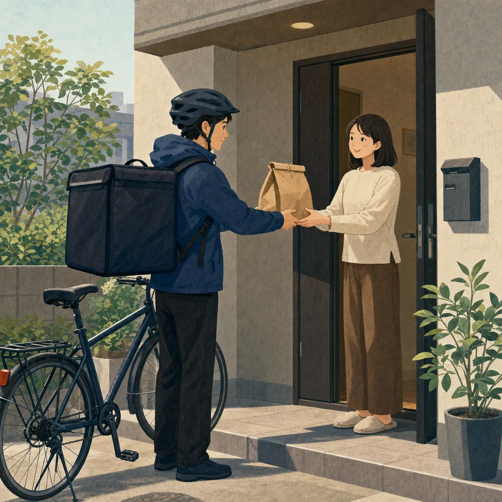 料理を届ける日本人配達員（編集記事向け）。フードデリバリー、配達、宅配、地域サービスの記事向け素材です。