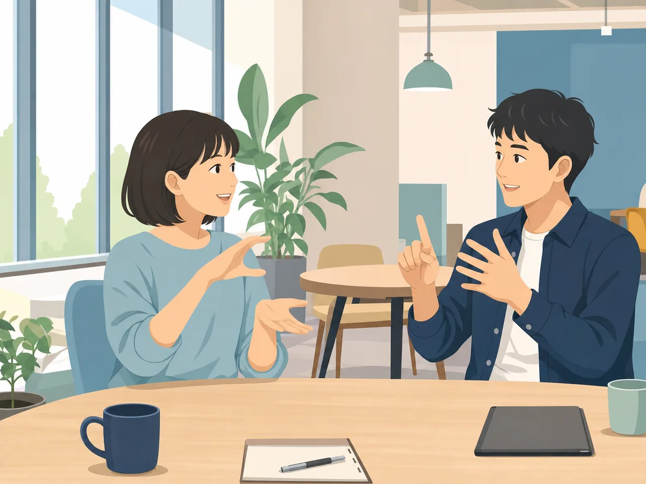 手話で会話する日本人（フラットイラスト）。手話、聴覚障害、コミュニケーション、共生の記事向け素材です。
