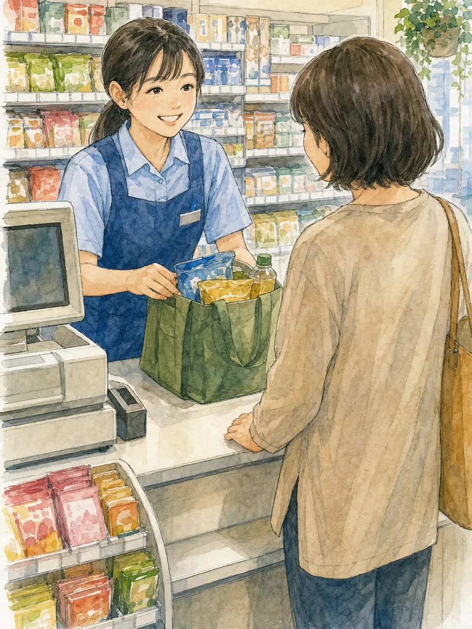 コンビニで接客する日本人スタッフ（手描き水彩）。コンビニ、小売、接客、アルバイト募集の記事に使える店舗素材です。