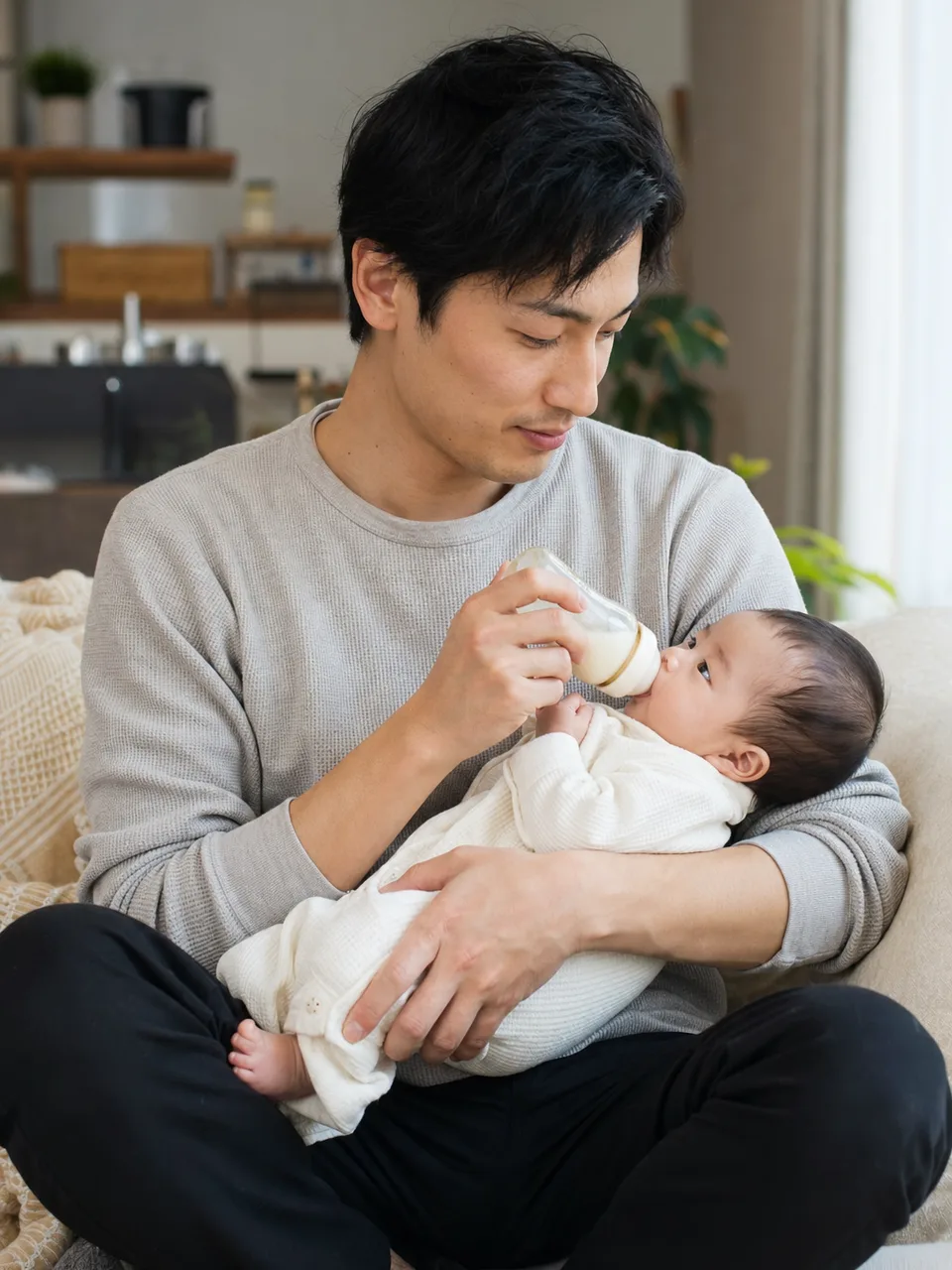 赤ちゃんを世話する日本人の父親（自然な縦位置写真）。男性の育児参加、育休、家族サービスを伝えられる、父親と乳児の生活素材です。