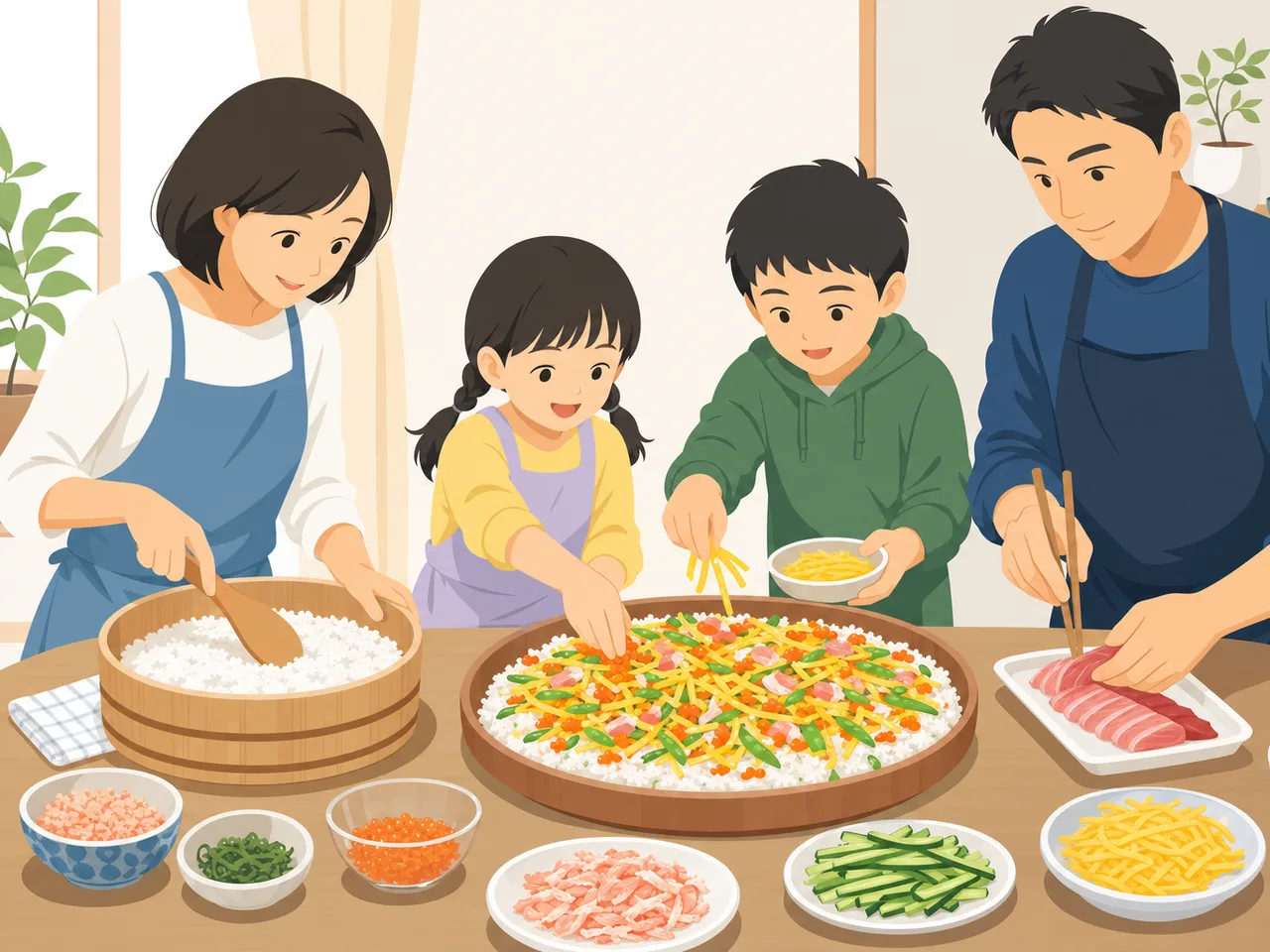 ちらし寿司を作る日本人家族（フラットイラスト）。ちらし寿司、祝いの食卓、親子料理、和食の記事向け素材です。