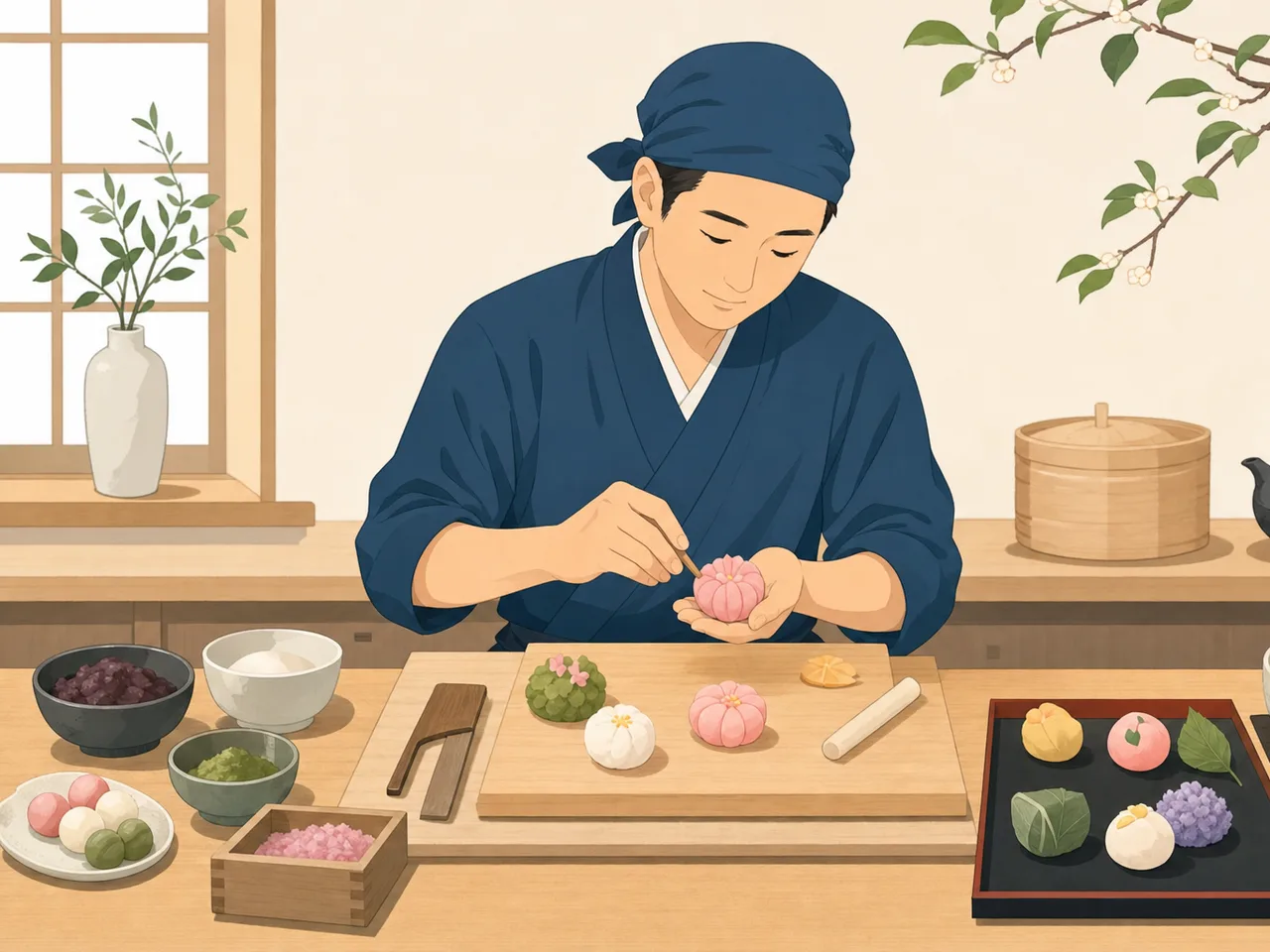 季節の和菓子を作る日本人職人（フラットイラスト）。和菓子、伝統文化、食品、手仕事の記事に使える職人素材です。