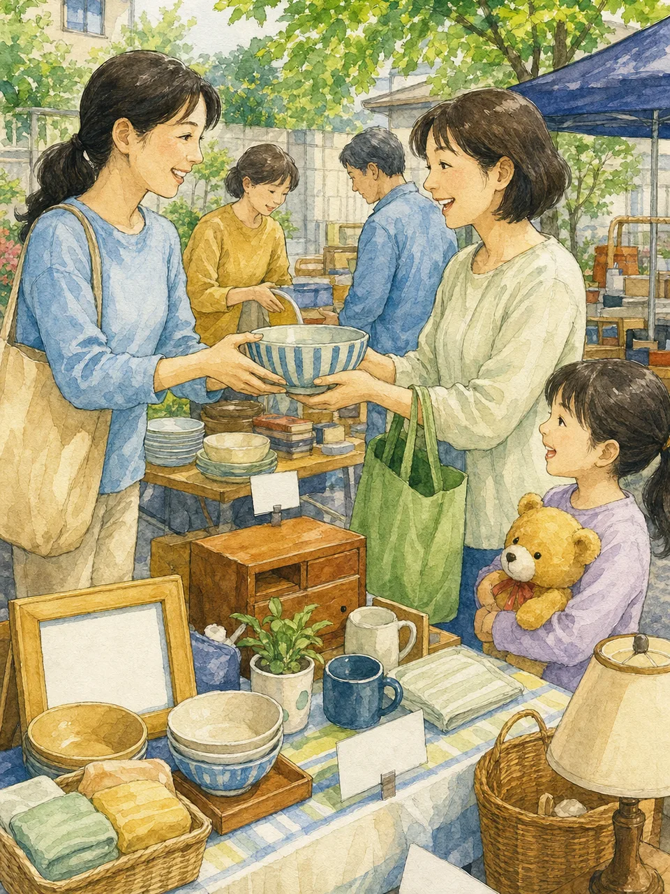 地域のフリーマーケットを楽しむ日本人（手描き水彩）。フリーマーケット、リユース、地域イベント、中古品の記事や案内に使える商用素材です。