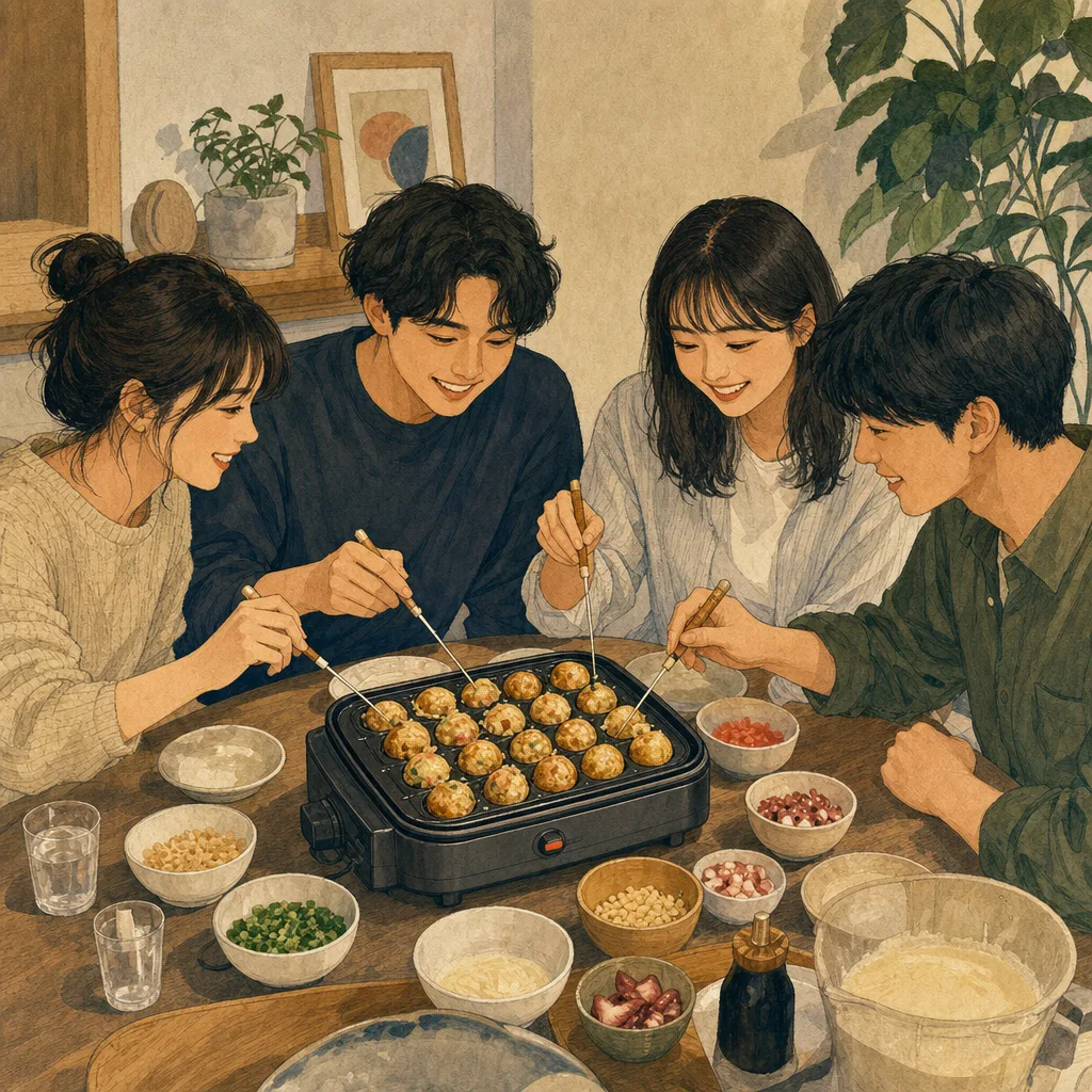 たこ焼きを作る日本人（編集記事向け）。たこ焼き、大阪グルメ、家庭料理、食イベントの記事向け素材です。