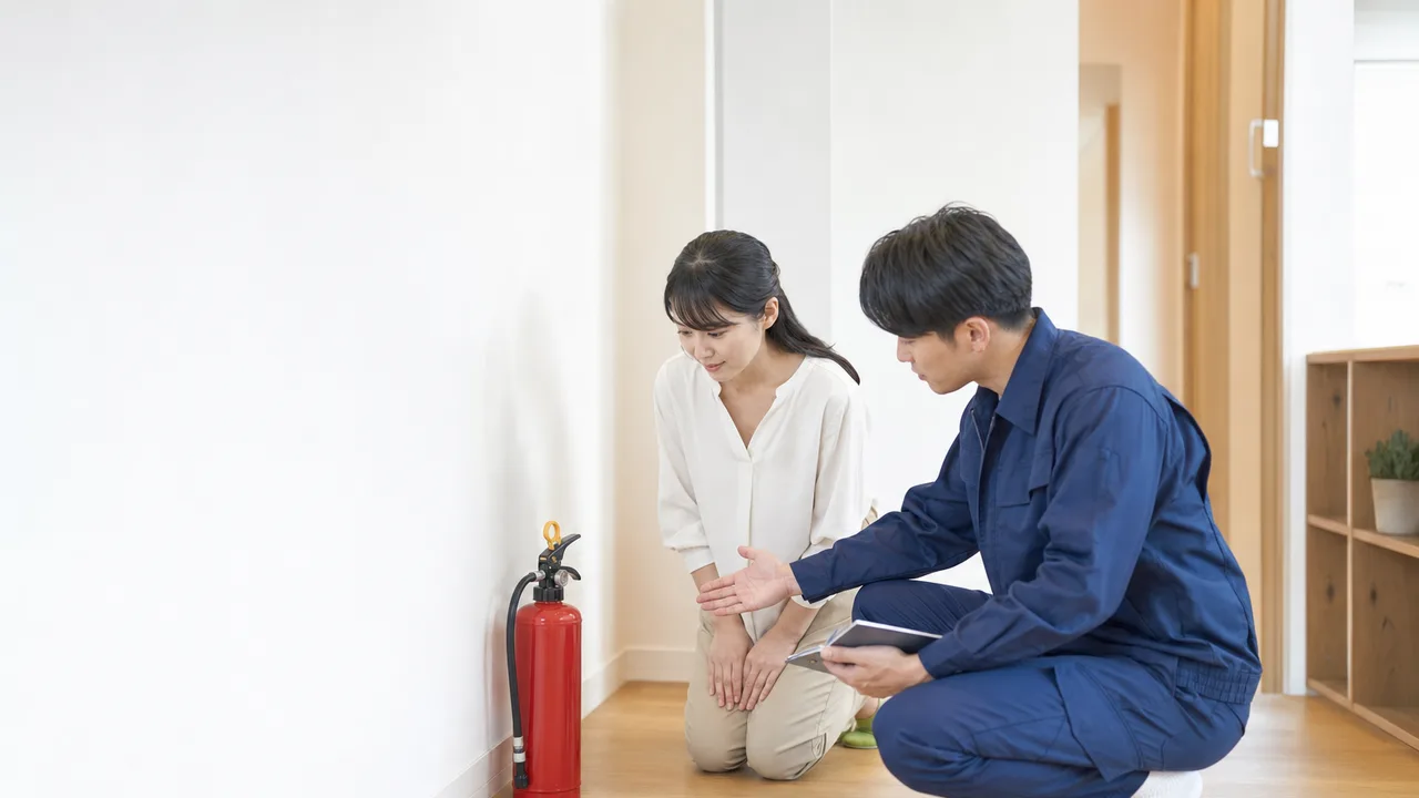家庭用消火器を確認する日本人（横長・コピースペース）。家庭用消火器、防火、住宅防災、火災予防の記事や案内に使える商用素材です。