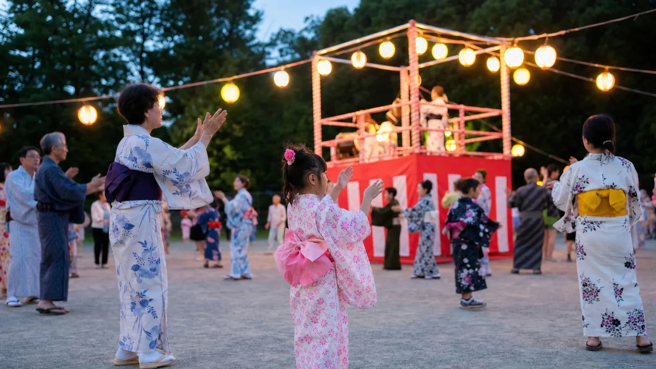 盆踊りを楽しむ日本人地域住民（横長・コピースペース）。地域の盆踊り、盆踊り練習、夏祭り、地域行事の記事や案内に使える商用素材です。
