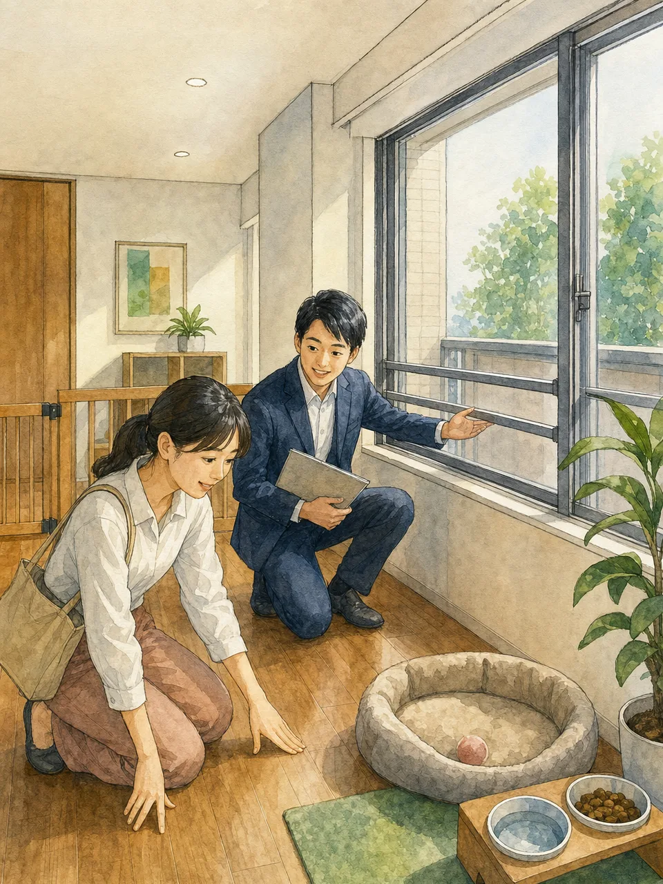 ペット可賃貸を内見する日本人（手描き水彩）。ペット可賃貸、賃貸内見、ペット住宅、部屋探しの記事や案内に使える商用素材です。