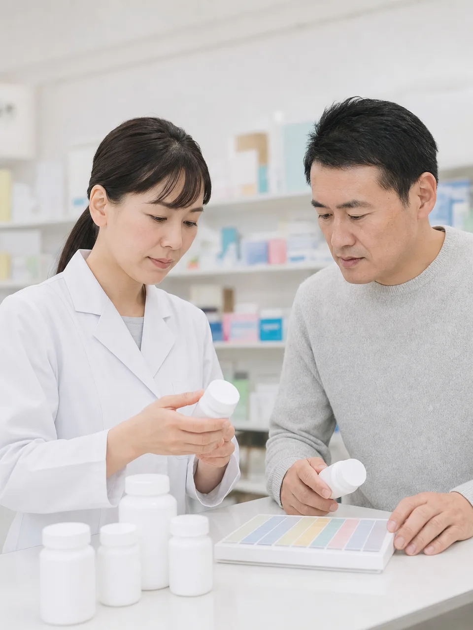 薬の見直しを相談する日本人（自然な縦位置写真）。薬の見直し、服薬相談、薬剤師、ポリファーマシーの記事や案内に使える商用素材です。