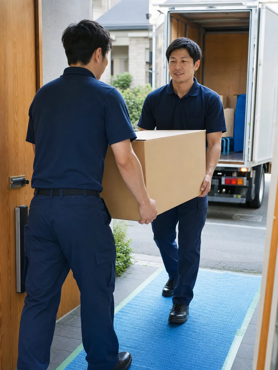 引越しを支える日本人作業員（自然な縦位置写真）。引越し業者、運搬、新生活、住み替えの記事向け素材です。