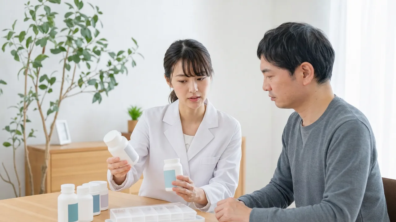 薬の見直しを相談する日本人（横長・コピースペース）。薬の見直し、服薬相談、薬剤師、ポリファーマシーの記事や案内に使える商用素材です。
