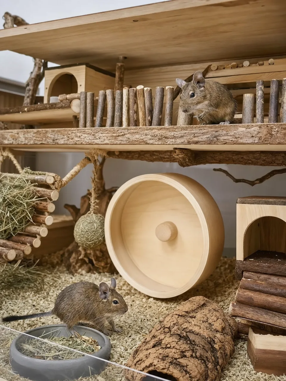仲間と暮らすデグー（自然な縦位置写真）。デグー、小動物、ペット、多頭飼育の記事や案内に使える商用素材です。