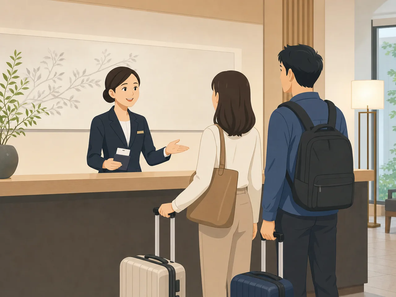 ホテルで接客する日本人スタッフ（フラットイラスト）。ホテル、宿泊、観光、接客サービスの記事に使える仕事素材です。