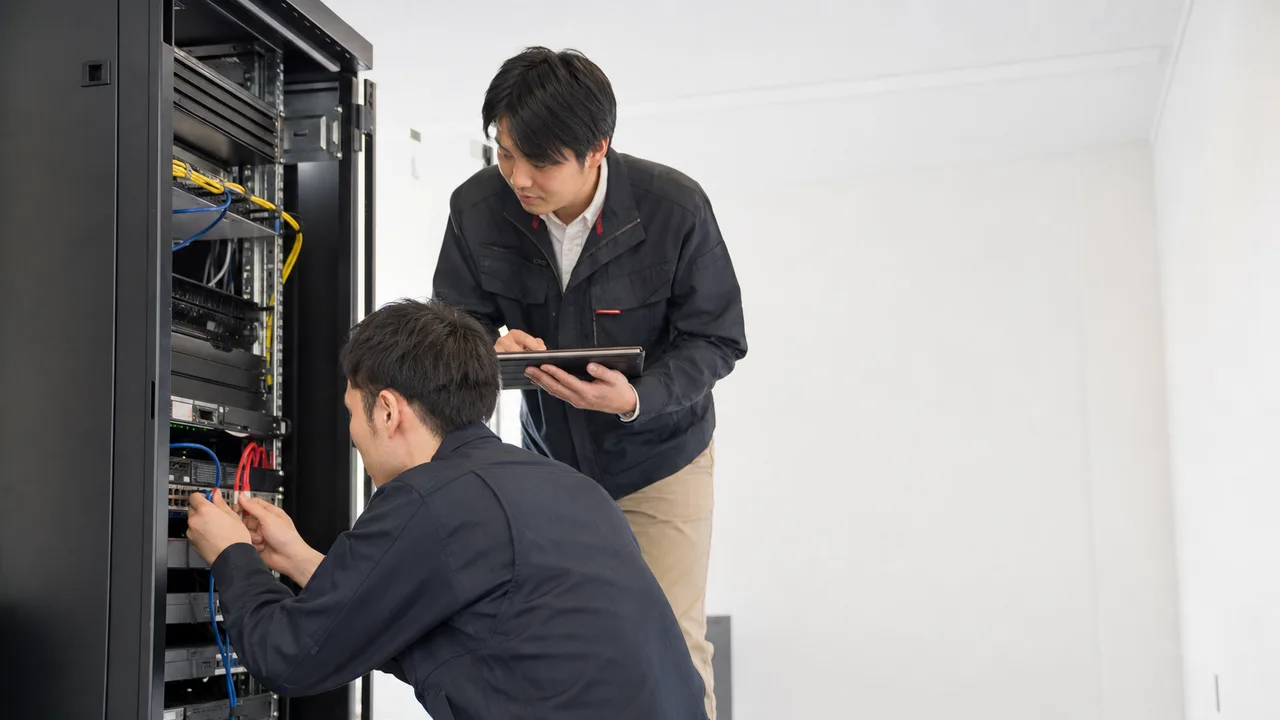 ネットワークを保守する日本人エンジニア（横長・コピースペース）。ネットワークエンジニア、通信設備、保守、IT基盤の記事向け素材です。