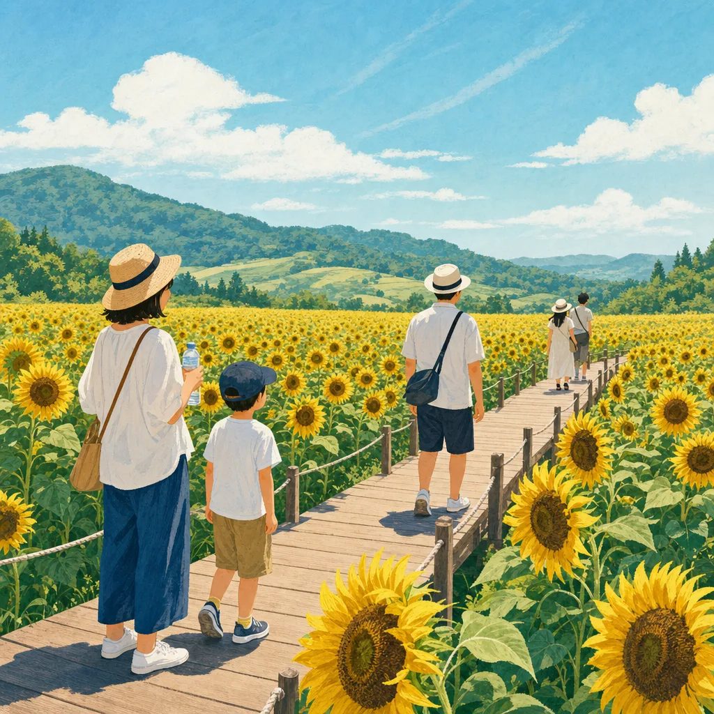 ひまわり畑を訪れる日本人（編集記事向け）。ひまわり畑、夏、花、国内旅行の記事に使える素材です。