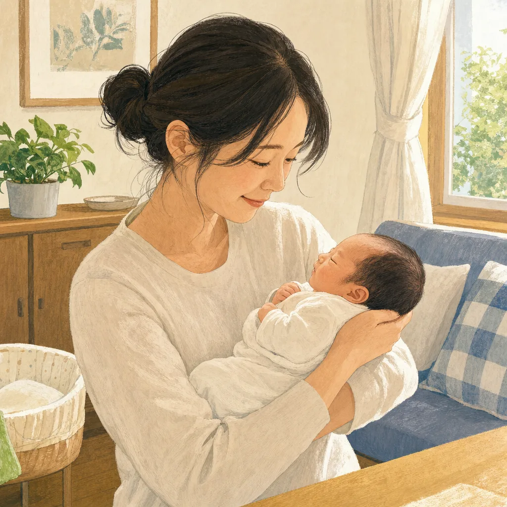 赤ちゃんを抱く日本人の母親（編集記事向け）。育児、出産、家族向けサービスの案内に使いやすい、母親と新生児の自然な日常素材です。