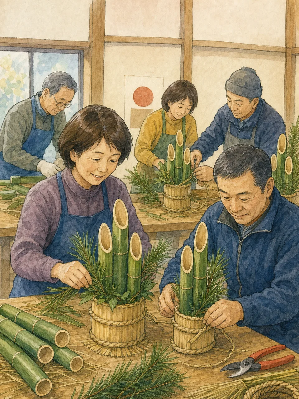 門松を作る日本人地域住民（手描き水彩）。門松作り、正月飾り、新年準備、伝統文化の記事や案内に使える商用素材です。