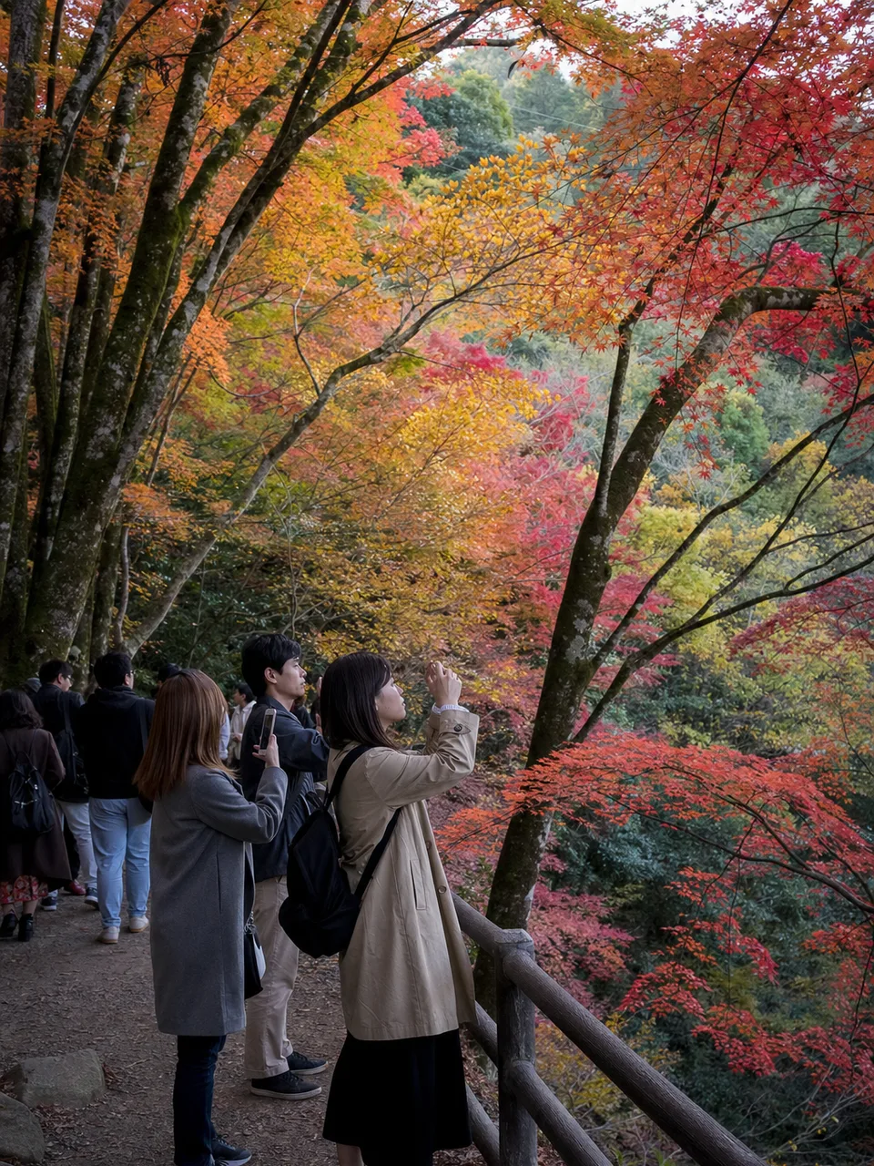 紅葉狩りを楽しむ日本人（自然な縦位置写真）。紅葉狩り、秋、散策、国内旅行の記事向け素材です。
