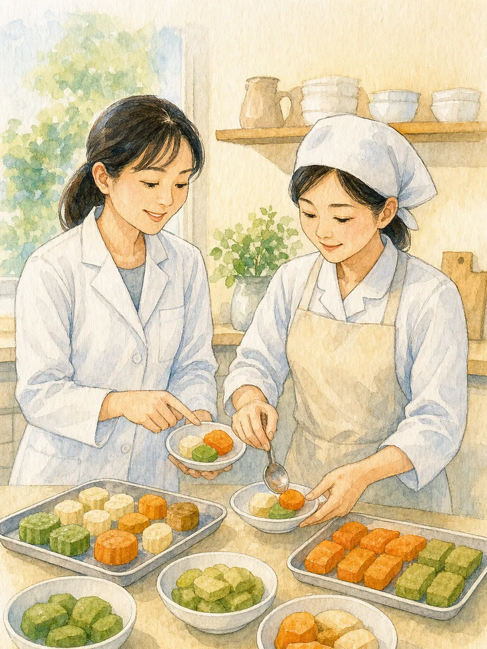 食べやすい食事を整える日本人専門職（手描き水彩）。嚥下調整食、介護食、食べやすい食事、高齢者の記事や案内に使える商用素材です。