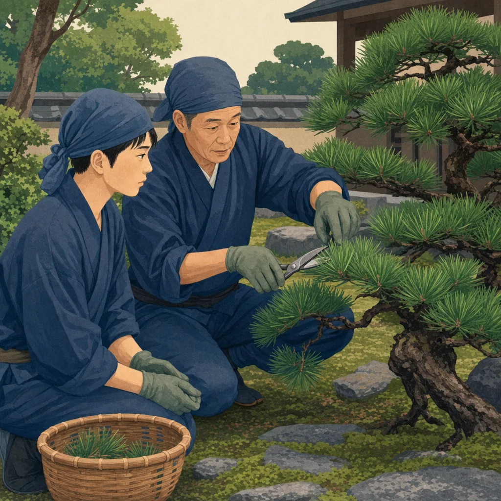日本庭園の手入れを学ぶ日本人（編集記事向け）。庭木剪定を学ぶ、日本庭園の手入れ、日本庭園、庭木剪定の記事や案内に使える商用素材です。