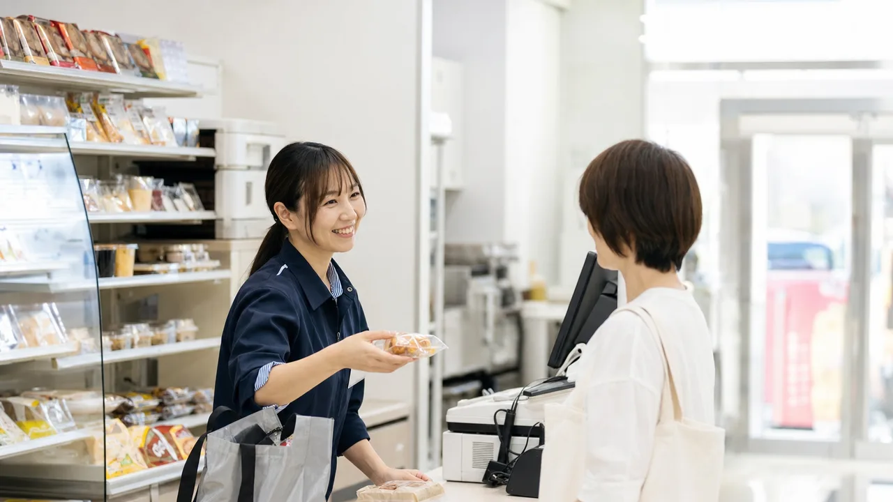 コンビニで接客する日本人スタッフ（横長・コピースペース）。コンビニ、小売、接客、アルバイト募集の記事に使える店舗素材です。