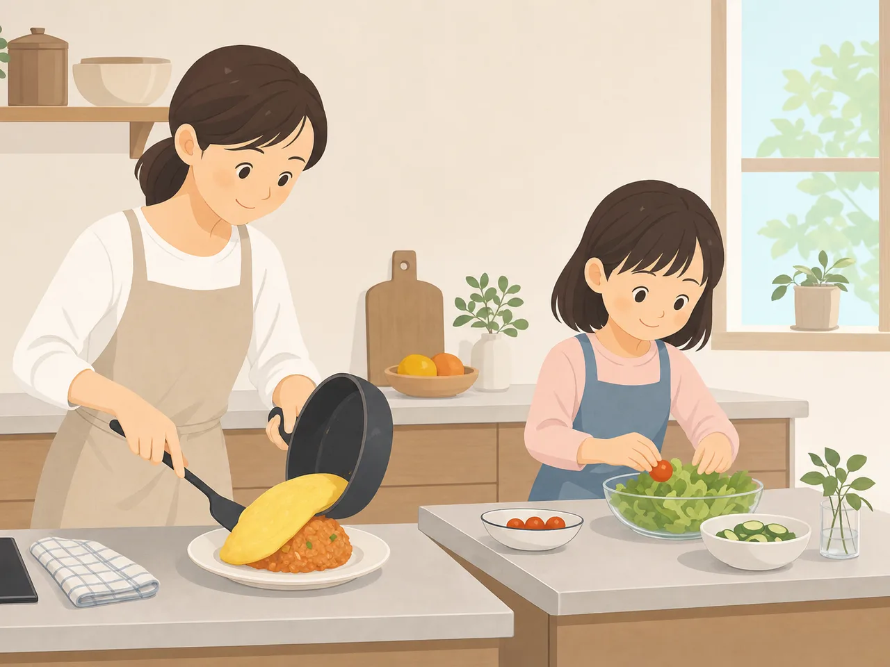オムライスを作る日本人家族（フラットイラスト）。オムライス、家庭料理、親子、昼食の記事向け素材です。