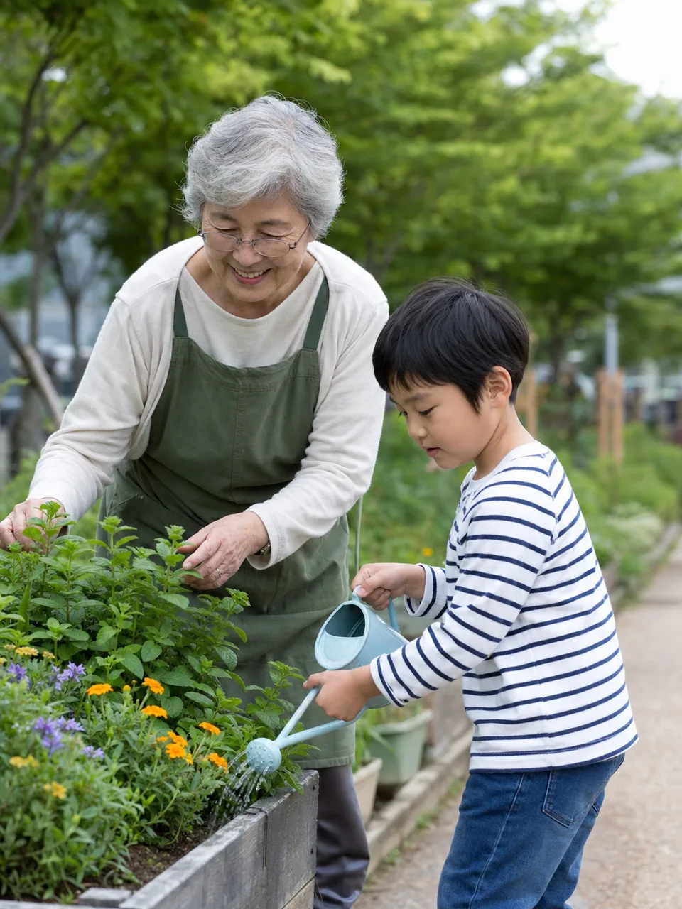 園芸を楽しむ日本人の祖母と孫息子（自然な縦位置写真）。祖母と孫息子、世代間交流、園芸、家族の記事向け素材です。