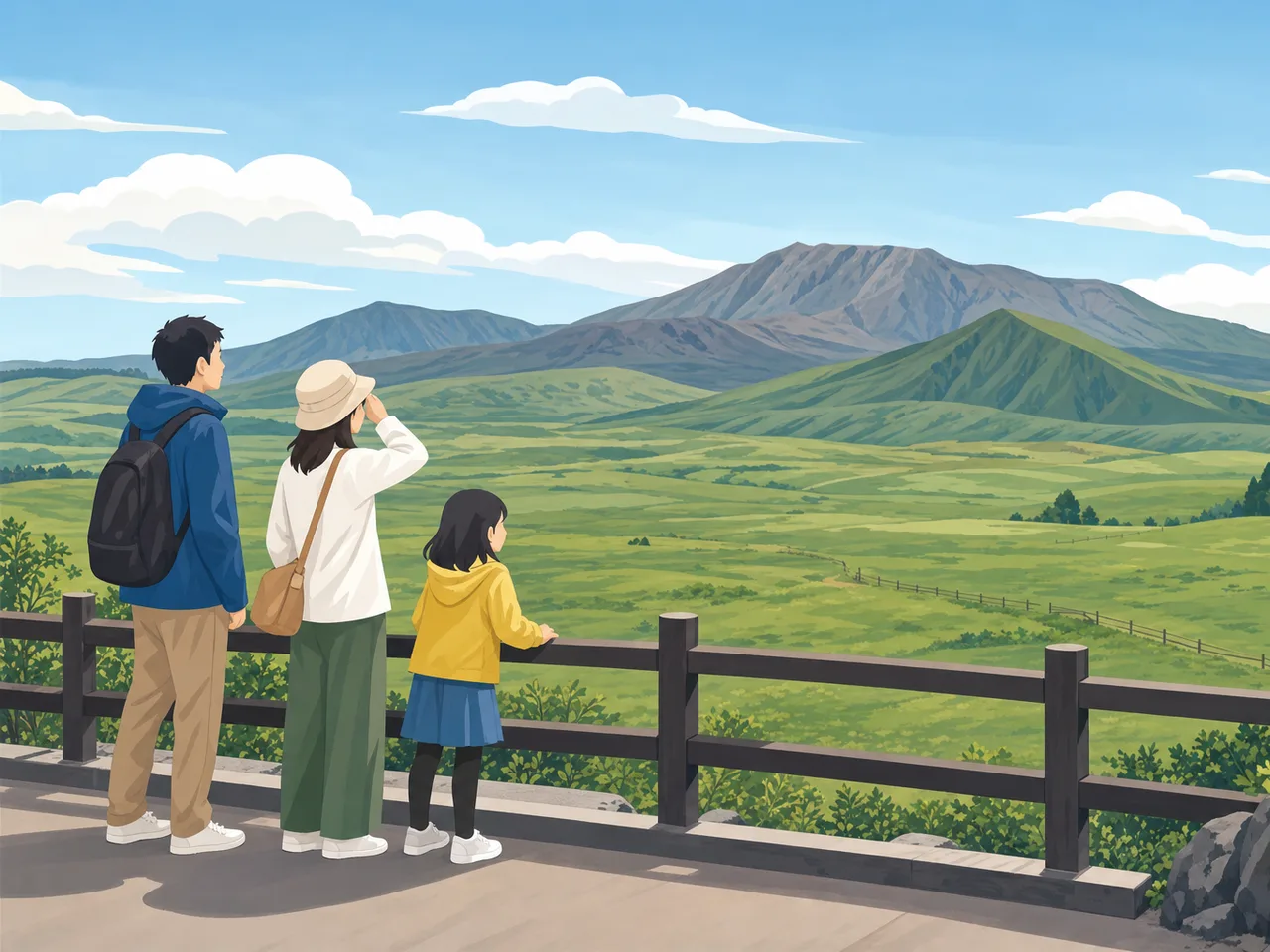 熊本の草原を旅する日本人（フラットイラスト）。熊本、阿蘇、草原、九州旅行の記事向け素材です。
