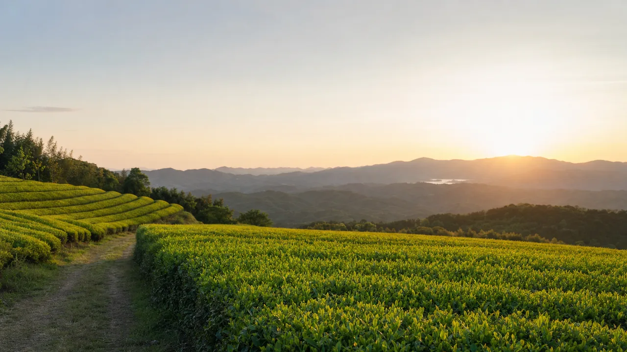 日本の丘陵に広がる茶畑（横長・余白背景）。茶畑、茶園、農業、緑の風景向け素材です。