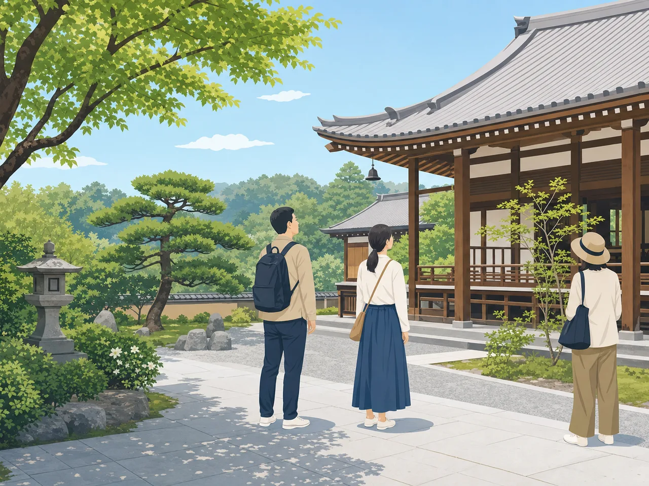 お寺の庭を訪れる日本人旅行者（フラットイラスト）。お寺、寺院、日本庭園、文化観光の記事向け素材です。