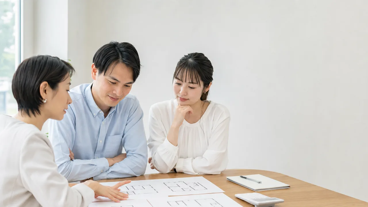 マンション購入を相談する日本人（横長・コピースペース）。マンション購入、住宅購入、資金計画、不動産の記事向け素材です。