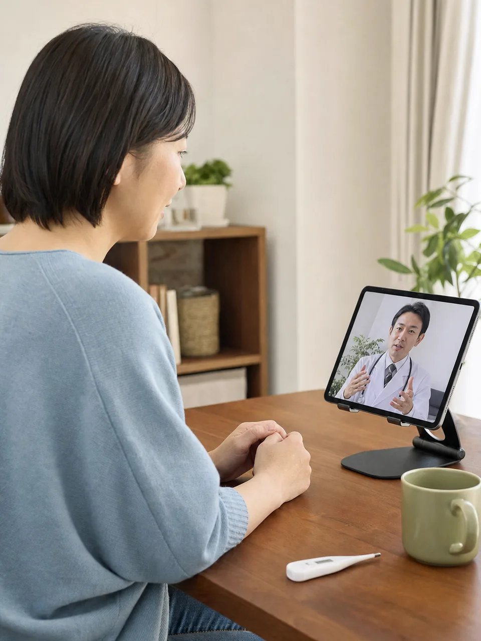 遠隔医療を利用する日本人患者（自然な縦位置写真）。遠隔医療、オンライン診療、在宅医療、デジタルヘルスの記事向け素材です。