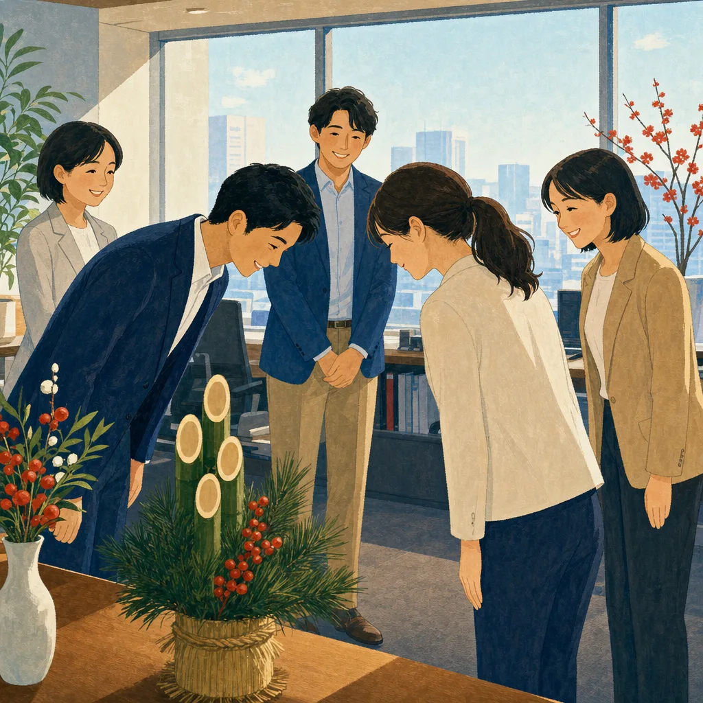 日本企業の新年の挨拶（編集記事向け）。企業の年始挨拶、仕事始め、広報に使いやすい、日本人ビジネスチームの新年素材です。