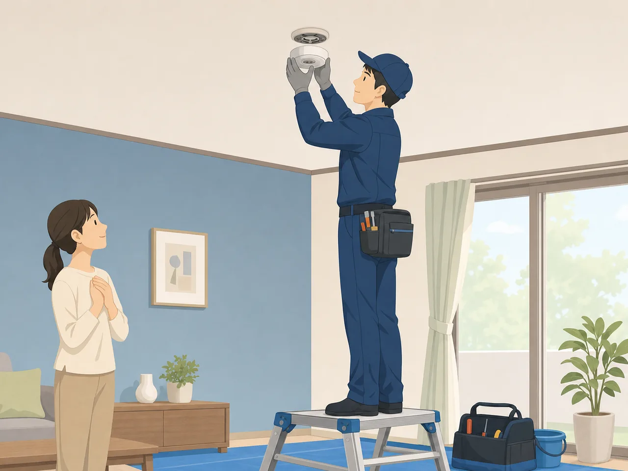 住宅用火災警報器を交換する日本人技術者（フラットイラスト）。火災警報器、住宅防火、交換作業、住宅設備の記事や案内に使える商用素材です。