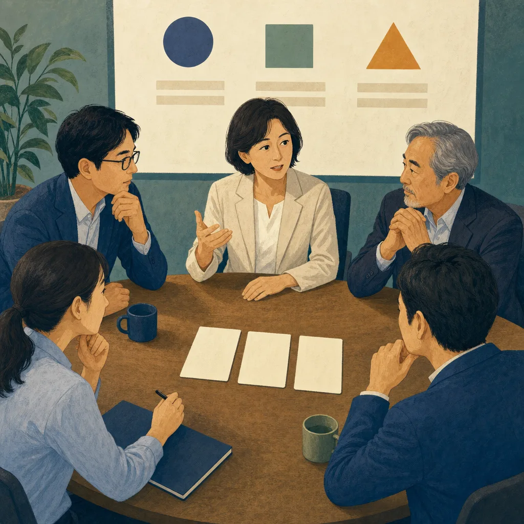企業統治を議論する日本人取締役会（編集記事向け）。取締役会、企業統治、コーポレートガバナンス、経営会議の記事や案内に使える商用素材です。