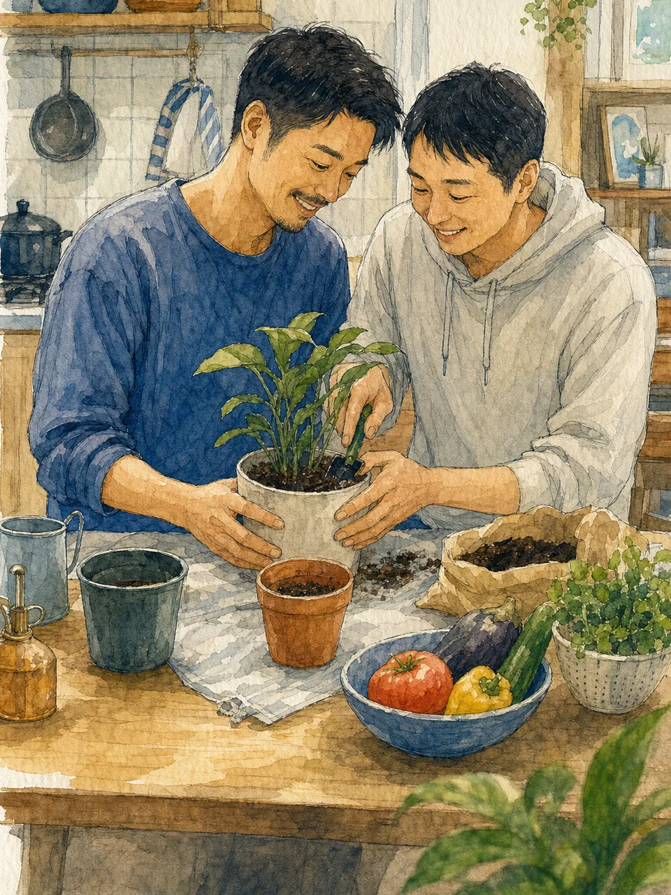 暮らしを共にする同性カップル（手描き水彩）。LGBTQ、同性カップル、パートナー、日常生活の記事向け素材です。