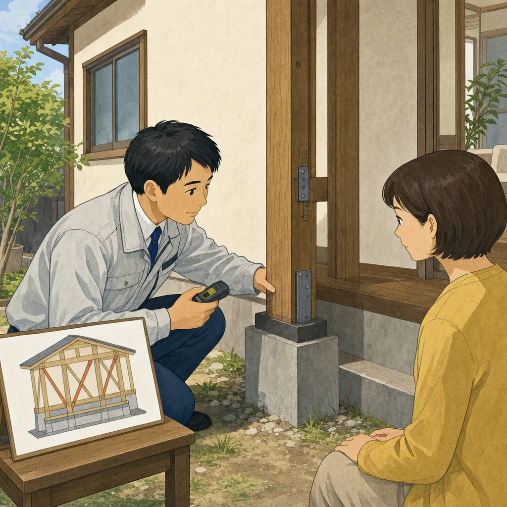 耐震診断を行う日本人技術者（編集記事向け）。耐震診断、地震対策、住宅安全、建築の記事向け素材です。