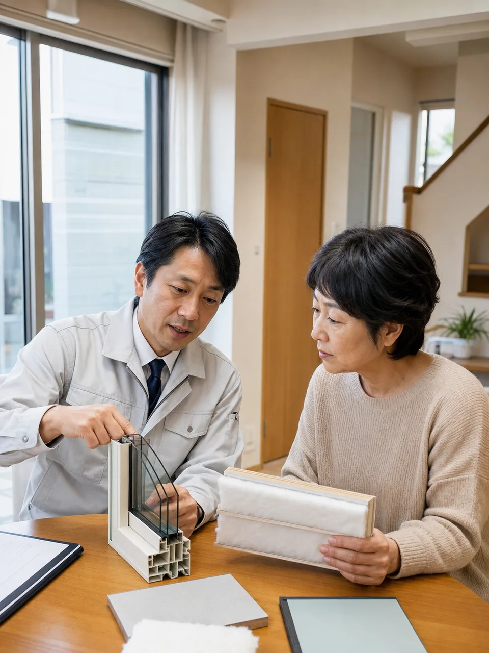 住宅の断熱を確認する日本人（自然な縦位置写真）。住宅の断熱、省エネ住宅、窓、住宅性能の記事向け素材です。