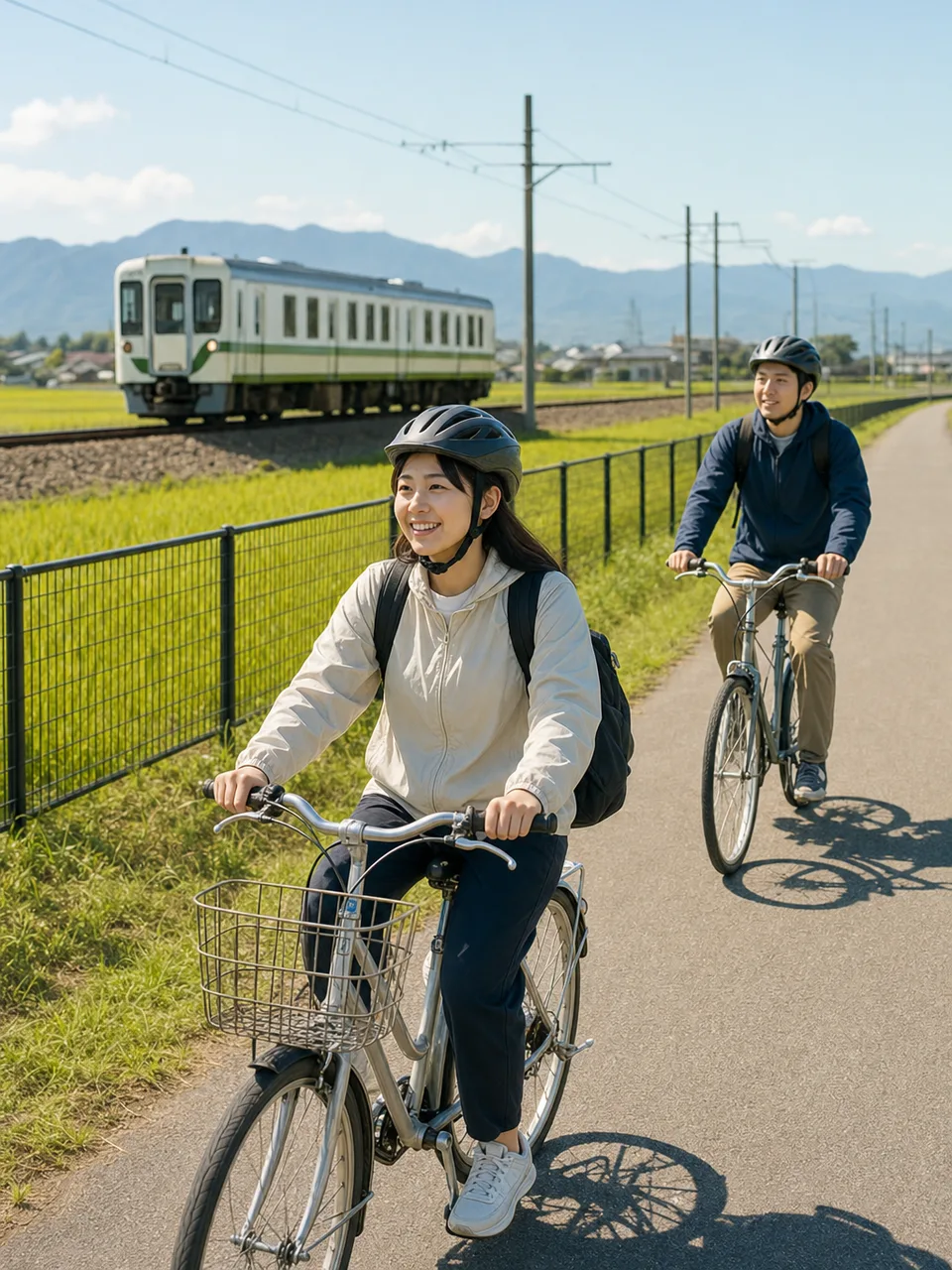 新潟の田園を旅する日本人（自然な縦位置写真）。新潟、田園風景、地域旅行、稲作の記事向け素材です。