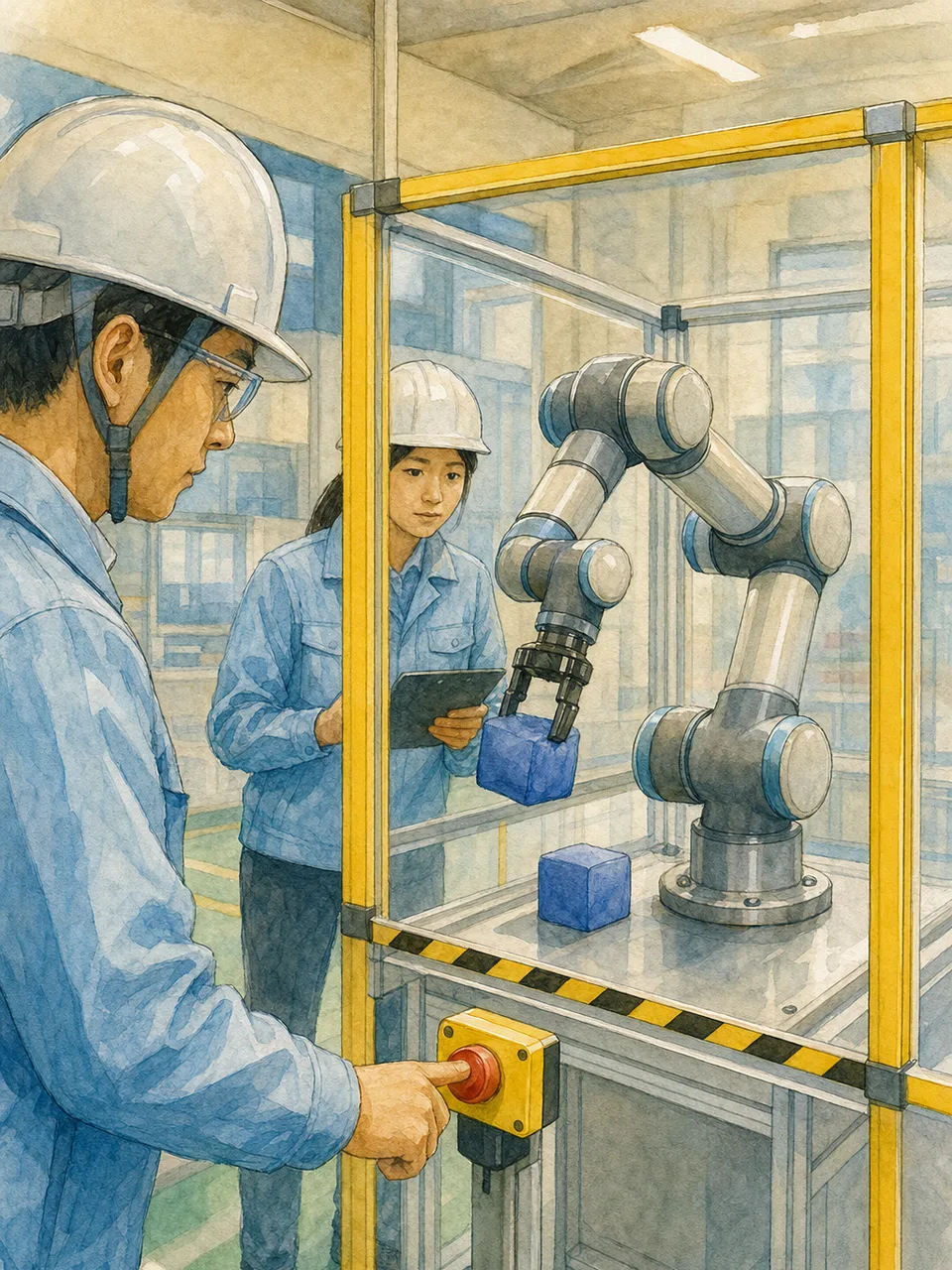協働ロボットの安全を検証する日本人技術者（手描き水彩）。協働ロボット、ロボット安全、製造業、安全試験の記事や案内に使える商用素材です。